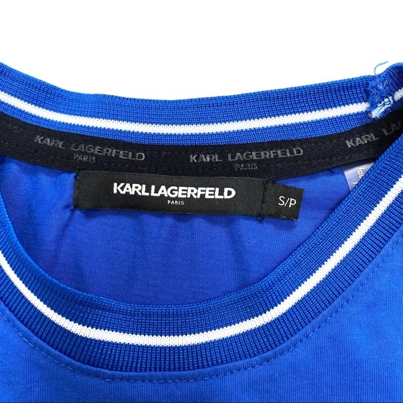 Karl Lagerfeld Spell Logo Tape Sleeve T-Shirt Blue - Picture 6 of 9